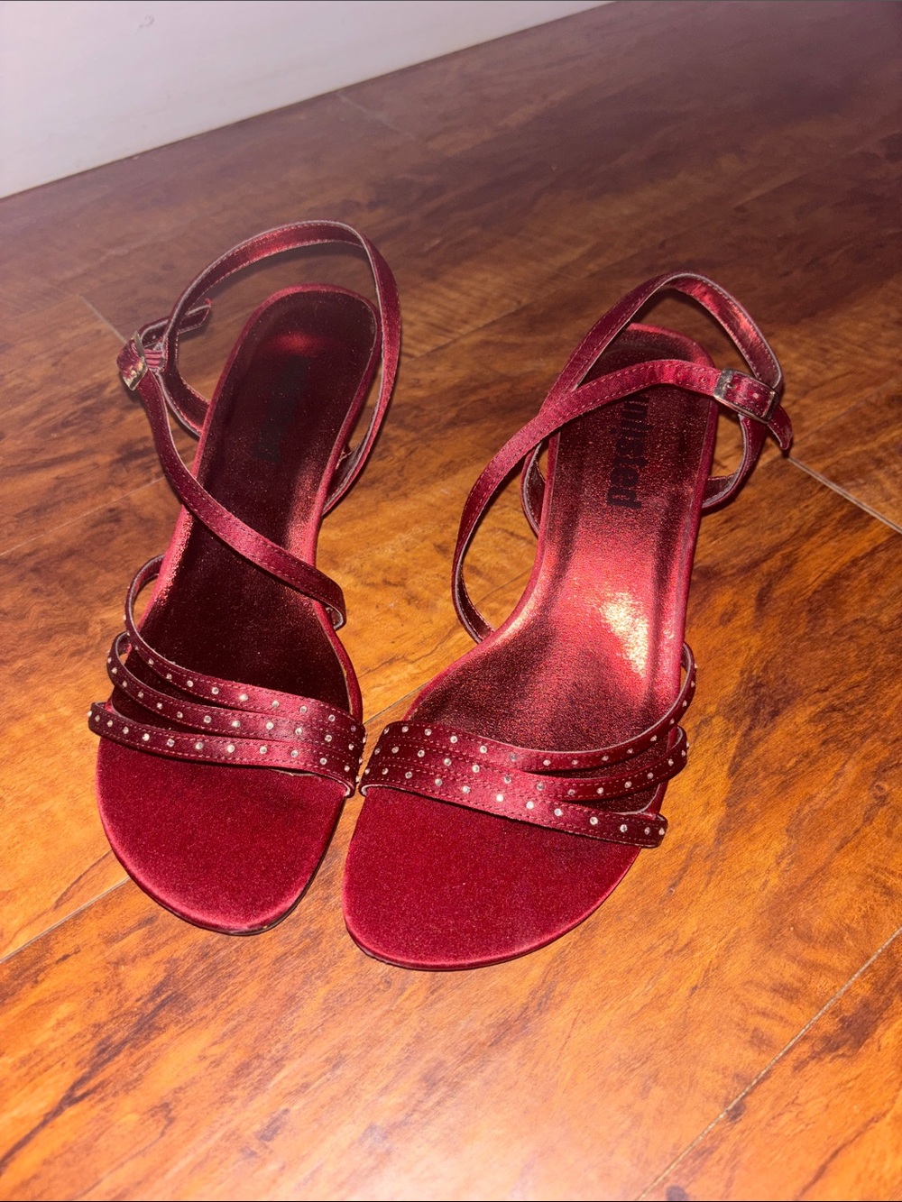 Unlisted Burgundy Satin Studded Strappy Heels